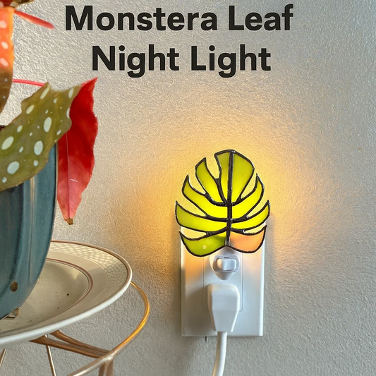 Green and Pink Monstera Leaf Stained Glass Night Light