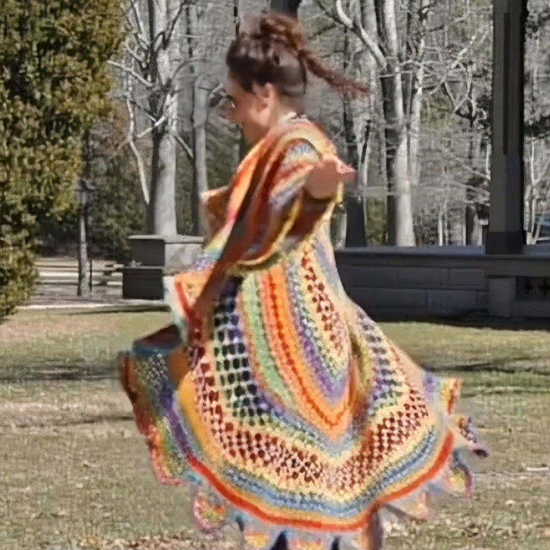 🌼 Bohemian Hippie Style Rainbow Hooded Crochet Long Cardigan 🦋