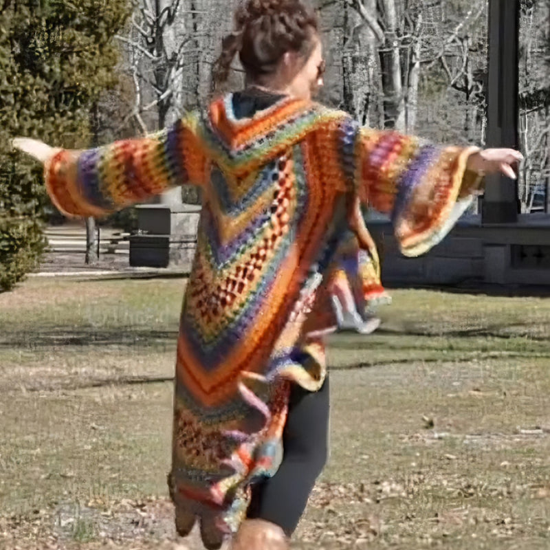 🌼 Bohemian Hippie Style Rainbow Hooded Crochet Long Cardigan 🦋