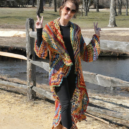 🌼 Bohemian Hippie Style Rainbow Hooded Crochet Long Cardigan 🦋