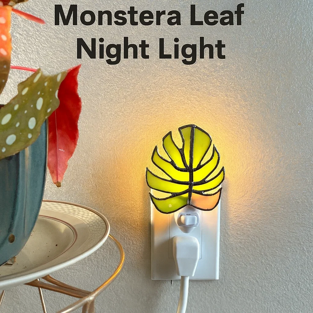 Green and Pink Monstera Leaf Stained Glass Night Light