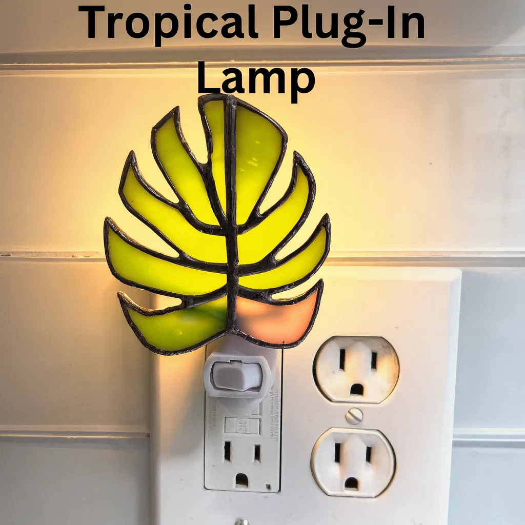 Green and Pink Monstera Leaf Stained Glass Night Light