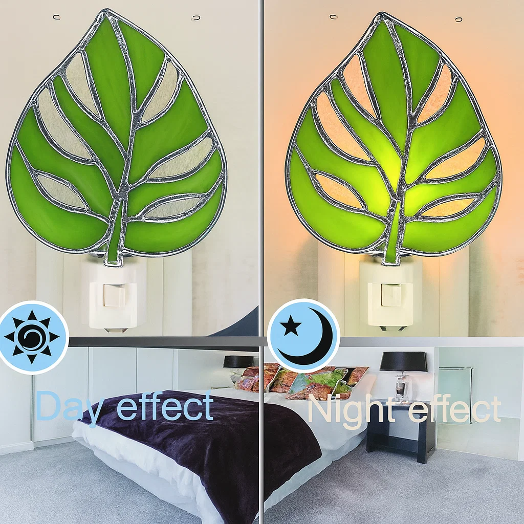 Green and Pink Monstera Leaf Stained Glass Night Light