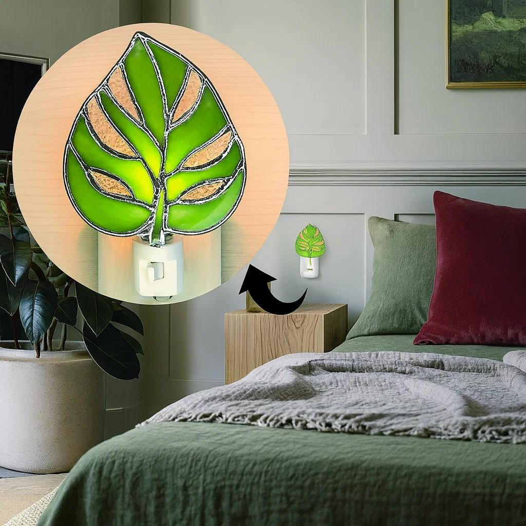 Green and Pink Monstera Leaf Stained Glass Night Light