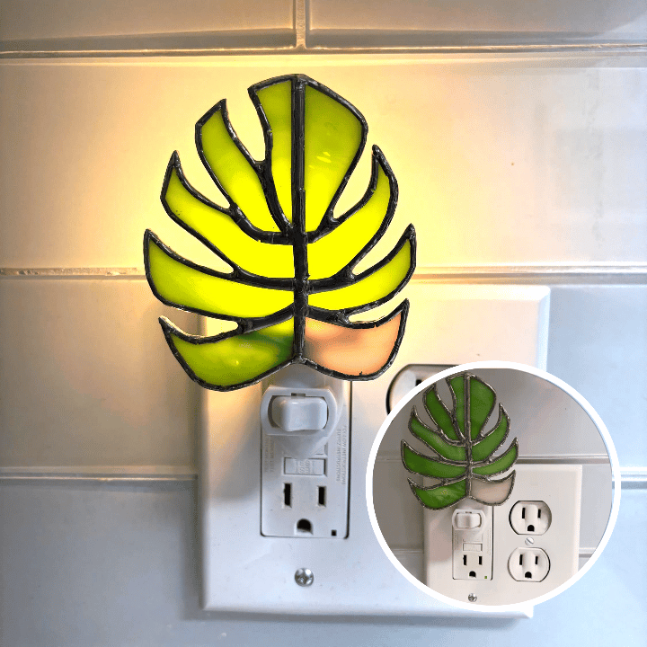Green and Pink Monstera Leaf Stained Glass Night Light