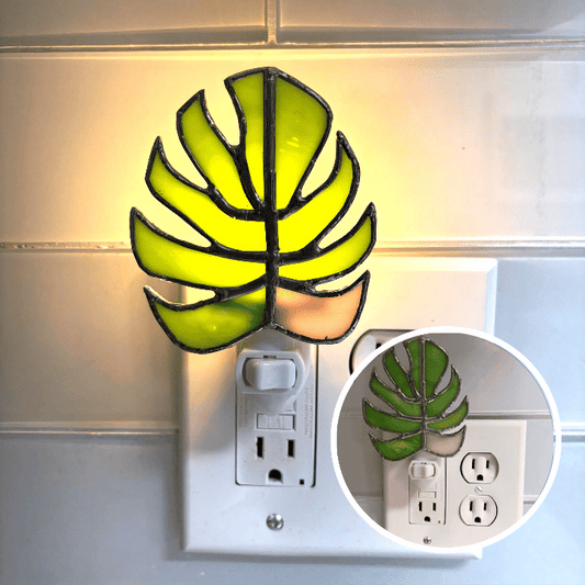 Green and Pink Monstera Leaf Stained Glass Night Light